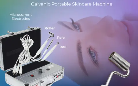 Galvanic current is used when this portable skincare machine, with its microcurrent electrodes (roller, pole, ball), is applied to the face for rejuvenation.