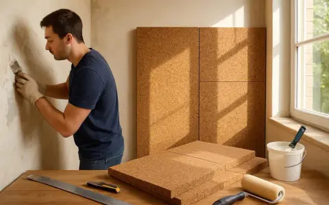 Un homme applique un enduit chaux liège intérieur sur un mur. Des panneaux de liège sont prêts à être posés.