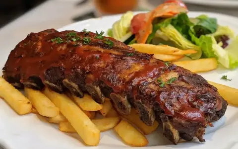 Soczyste żeberka w sosie BBQ, podane z chrupiącymi frytkami i świeżą sałatką. Idealna marynata do żeberek sprawia, że mięso jest niezwykle aromatyczne.