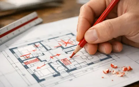 Rysowanie planu domu, zastanawiam się, ile kosztuje adaptacja projektu. Czerwona kredka i linijka pomagają w precyzyjnych zmianach.