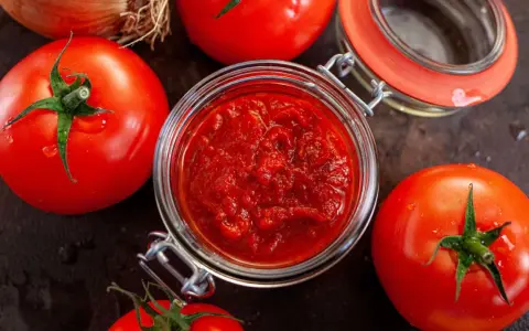 Frische Tomaten um ein Glas mit selbstgemachtem Tomatenmark. Perfekt für Saucen und mehr!