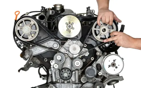Mechanik sprawdza stan paska rozrządu w silniku samochodowym, upewniając się, że jest prawidłowo napięty.