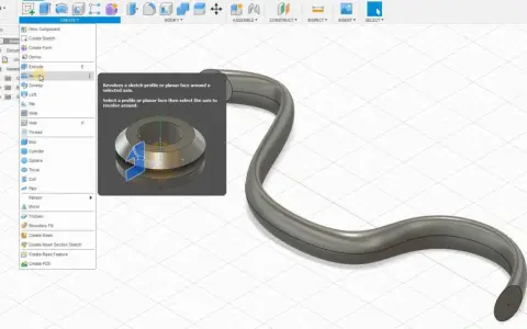 Tworzenie zakrzywionych kształtów w Fusion 360 darmowy dla hobbystów. Narzędzie "Revolve" pozwala na obracanie profilu wokół osi.