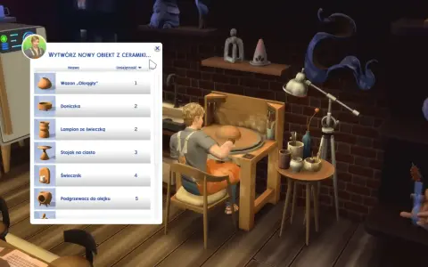 Symulator tworzy wazon na kole garncarskim. Menu pokazuje, jak obracać przedmioty w The Sims 4, tworząc ceramikę.