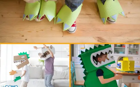 Niños jugando con un disfraz dinosaurio niño casero hecho de cartón y tela. ¡Pura diversión prehistórica!
