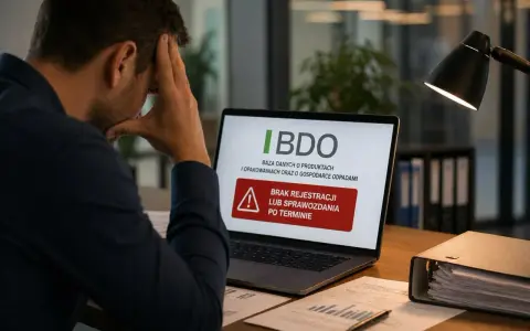 Zestresowany mężczyzna widzi na ekranie laptopa komunikat o braku rejestracji lub sprawozdania po terminie w BDO, co może wiązać się z opłatą produktową.
