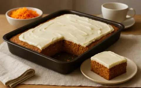 En saftig morotskaka i långpanna med krämig frosting. En bit är upplagd på en tallrik, redo att avnjutas.