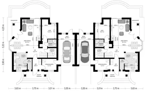 Plan architektoniczny bliźniaków z garażami, tarasami i podcieniami.