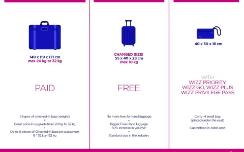 Tabela Wizzair: bagaż rejestrowany płatny, podręczny darmowy, mała torba z dopłatą do bagażu Wizzair.