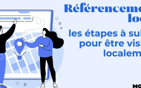 Illustration de deux personnes interagissant avec une carte sur un écran, symbolisant le référencement local Google My Business et les étapes pour être visible localement.