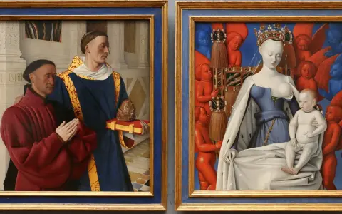 Dyptyk z Melun: po lewej modlący się mężczyzna i święty, po prawej Madonna z Dzieciątkiem otoczona przez aniołki.