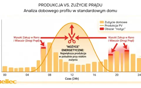 Wykres pokazuje produkcję i zużycie prądu w domu z fotowoltaiką. Rozliczanie fotowoltaiki na nowych zasadach uwzględnia "nożyce" energetyczne – dużą produkcję PV w dzień i wysoki pobór prądu rano/wieczorem.
