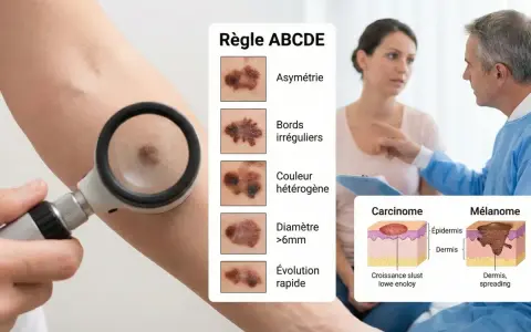 Examen d'un grain de beauté suspect pour détecter un cancer de la peau. La règle ABCDE aide à identifier les signes d'alerte.