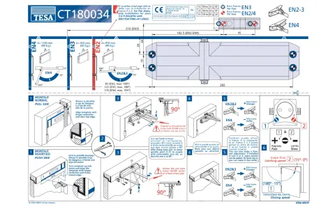 Instructions pour le montage inversé d'un ferme-porte TESA CT180034. Guide visuel des différentes étapes et réglages.