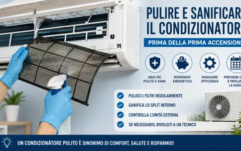 Mani con guanti blu puliscono il filtro del condizionatore con uno spray. Impara come pulire i filtri del condizionatore per aria più sana.