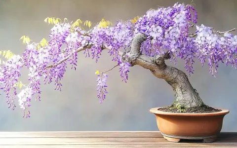 Glycine en pot aux grappes de fleurs violettes tombantes, sur un fond gris.