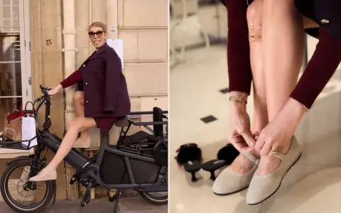 Mathilde Favier, stylish in a burgundy outfit, rides an electric bike. She's also seen tying her ballet flats, ready for a day out.