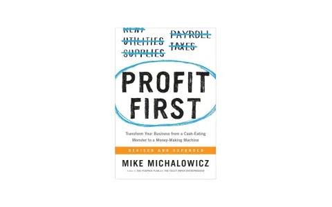 Book cover for "Profit First Method" by Mike Michalowicz. It shows "Profit First" in large letters, with expenses like rent and payroll crossed out.