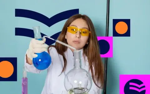 Dziewczyna w okularach ochronnych i białym fartuchu miesza płyny w probówkach. Zastanawia się, co po biol chemie.