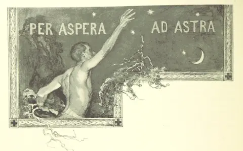 Un uomo nudo tende la mano verso le stelle, con la scritta "Per aspera ad astra" che significa "attraverso le difficoltà fino alle stelle".