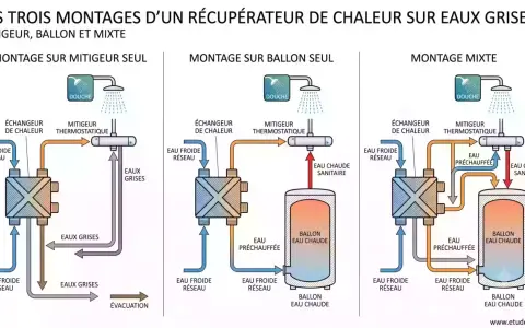 Schéma montrant trois systèmes de récupération d'eau de douche : mitigeur seul, ballon seul et mixte. L'eau grise préchauffée est réutilisée.