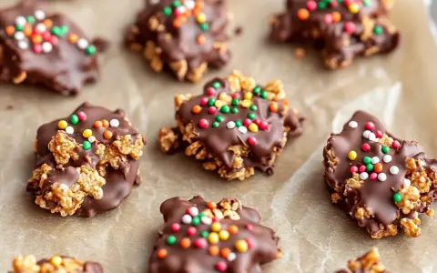 Roligt julgodis barn älskar! Krispiga chokladkakor med färgglada strössel, perfekta för julfikat.