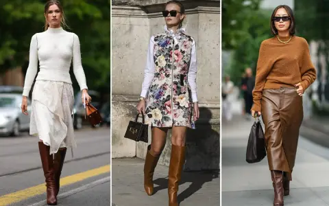 Tre donne mostrano come abbinare stivali marroni scamosciati con abiti diversi: pizzo, floreale e pelle.
