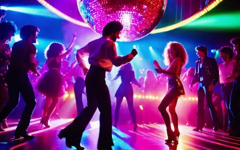 Une boule disco illumine une piste de danse où des couples dansent au rythme de la musique, évoquant l'ambiance festive de l'année disco.