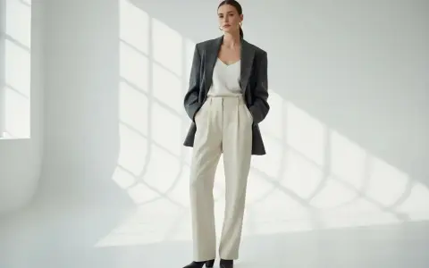 Modello indossa un tailleur beige con blazer grigio scuro. Un look elegante per ogni occasione.