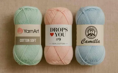 Trzy motki włóczki: miętowy YarnArt Cotton Soft, pudrowy Drops You i błękitny Camilla. Idealna włóczka na kapcie.
