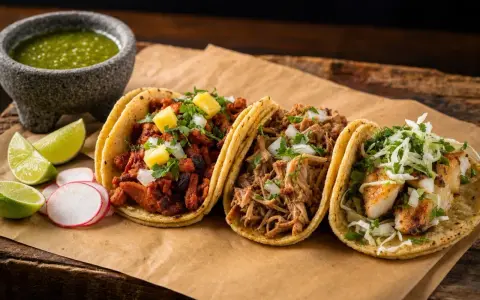 Tre läckra tacos med olika fyllningar, en skål med grön sås och limeklyftor. En härlig måltid med mexikansk mat.