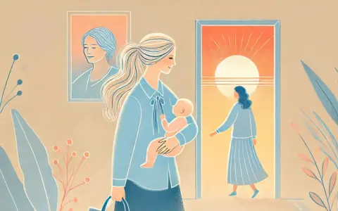 Mamma con bimbo in braccio, guarda un tramonto. Sospira, pensando: "Non voglio tornare a lavoro dopo maternità".