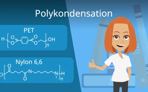 Chemische Formeln für PET und Nylon 6,6, die Beispiele für Polymerisation sind, mit einer lächelnden Frau im Hintergrund.