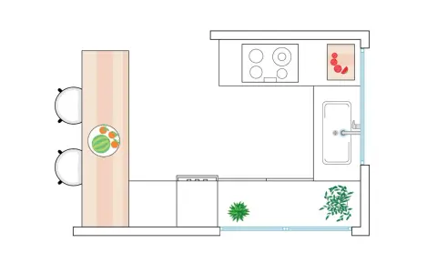 Plano de cocina con barra, dos sillas, estufa, fregadero y plantas. Incluye un detalle de sandía y naranjas.