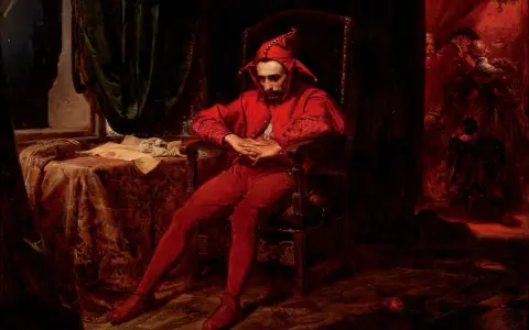 Smutny błazen w czerwonym stroju siedzi na krześle. To jedno z wielu poruszających jan matejko obrazy, ukazujące ludzkie emocje.