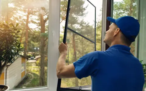 Man in blue shirt and cap performs window screen installation, preparing to fit the mesh into the frame.