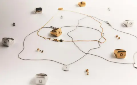 Joyas con letras, como limpiar la plata para que brillen. Anillos y collares dorados y plateados sobre fondo blanco.