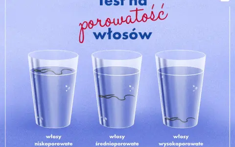 Test na porowatość włosów: włosy niskoporowate unoszą się, średnioporowate toną powoli, a wysokoporowate opadają na dno.