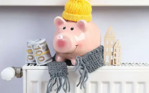 Świnka-skarbonka w czapce i szaliku, z banknotami i domkami na grzejniku. Oszczędzanie na rachunki za ogrzewanie, czyli bon ciepłowniczy w praktyce.