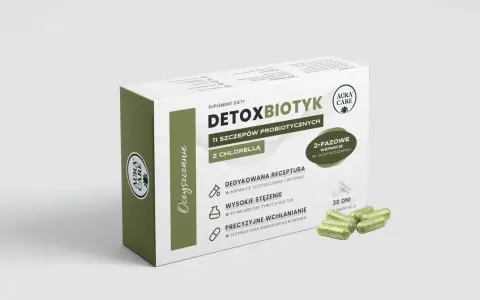 Opakowanie suplementu diety Detoxbiotyk z chlorellą i kapsułkami.