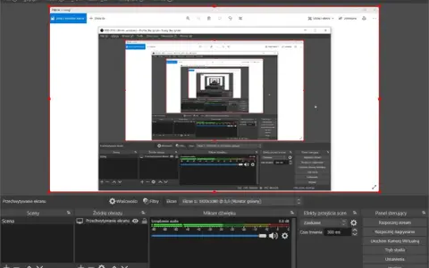 OBS Studio do nagrywania ekranu Windows. Widok programu z ustawieniami przechwytywania ekranu i mikserem dźwięku.