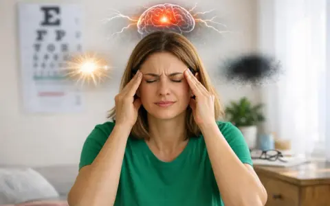 Donna con mani sulle tempie, soffre di forte stress e disturbi della vista. Il cervello è illuminato da fulmini e luci intense.