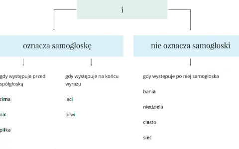 Diagram wyjaśnia, kiedy litera "i" oznacza samogłoskę (np. w słowach bez samogłosek jak "zima", "nic", "piłka", "leci", "brwi") a kiedy nie (np. w "bania", "niedziela", "ciasto", "sieć").
