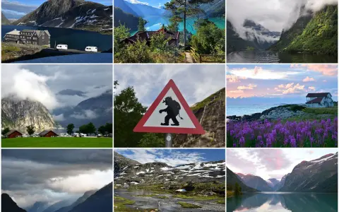 Niesamowite norwegia widoki: góry, fiordy, jeziora, domki, pola fioletowych kwiatów i znak trolla.