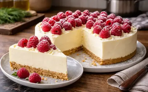 Pyszny sernik z mascarpone, udekorowany malinami i cukrem pudrem, z kawałkiem na talerzyku.