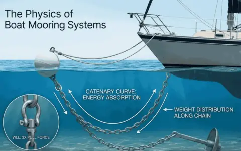Schéma expliquant la physique des systèmes d'amarrage de bateau, montrant l'ancre d'un bateau, la chaîne et la courbe caténaire pour l'absorption d'énergie.