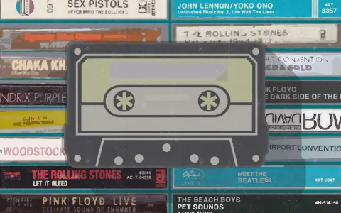 Kaseta na tle okładek płyt winylowych. Wśród nich klasyki jak Sex Pistols, Pink Floyd, The Rolling Stones. Kolekcjonerzy szukają najdroższe płyty winylowe polskie.