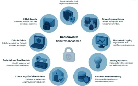 Schutzmaßnahmen gegen Ransomware: E-Mail-Sicherheit, Endpoint-Schutz, Netzwerksegmentierung, Monitoring & Logging, Backups & Wiederherstellung, Security-Awareness, Härtung von Systemen, externe Angriffspfade minimieren, Credential- und Zugriffsschutz.