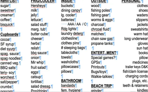 En detaljerad packlista camping med kategorier som mat, kylvaror, inomhus, utomhus och personliga tillhörigheter.