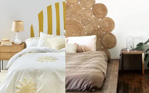 Dos camas con cabeceros originales: uno con diseño de sol pintado y otro con discos de yute.